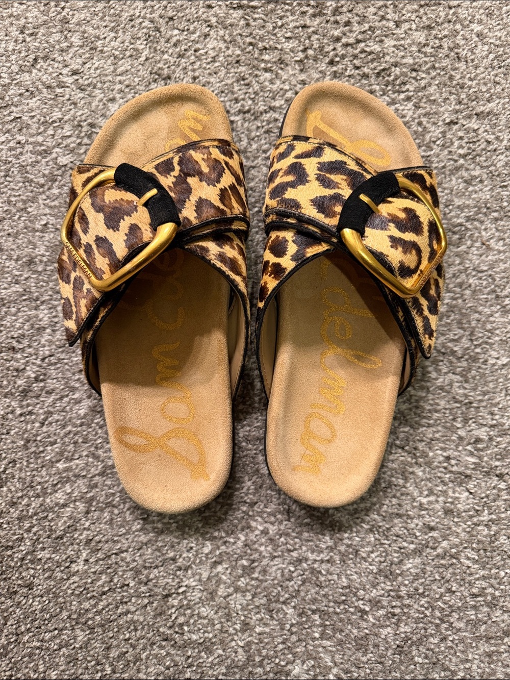 Sam Edelman Leopard Print Slide Sandals with Gold Buckles